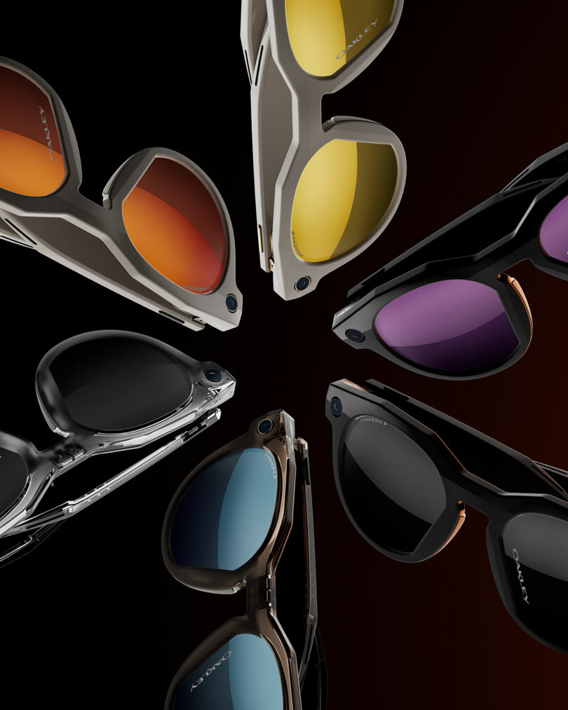 Six pairs of Meta sunglasses with differently colored lenses are arranged in a circular pattern against a dark background.