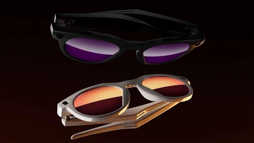 Two pairs of stylish Meta foldable sunglasses, one black with purple lenses and one white with orange-tinted lenses, are displayed against a dark background.