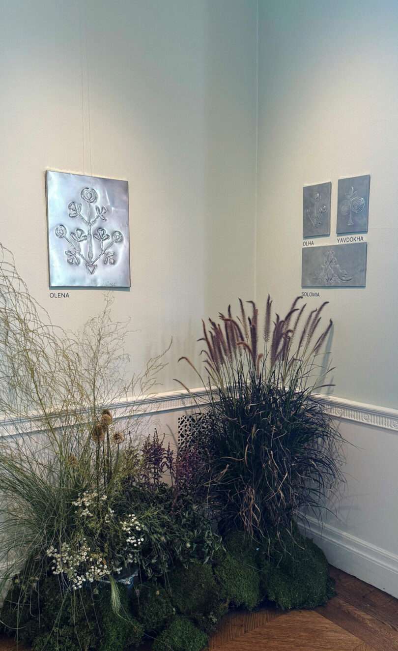 Art exhibit corner with metallic botanical reliefs labeled