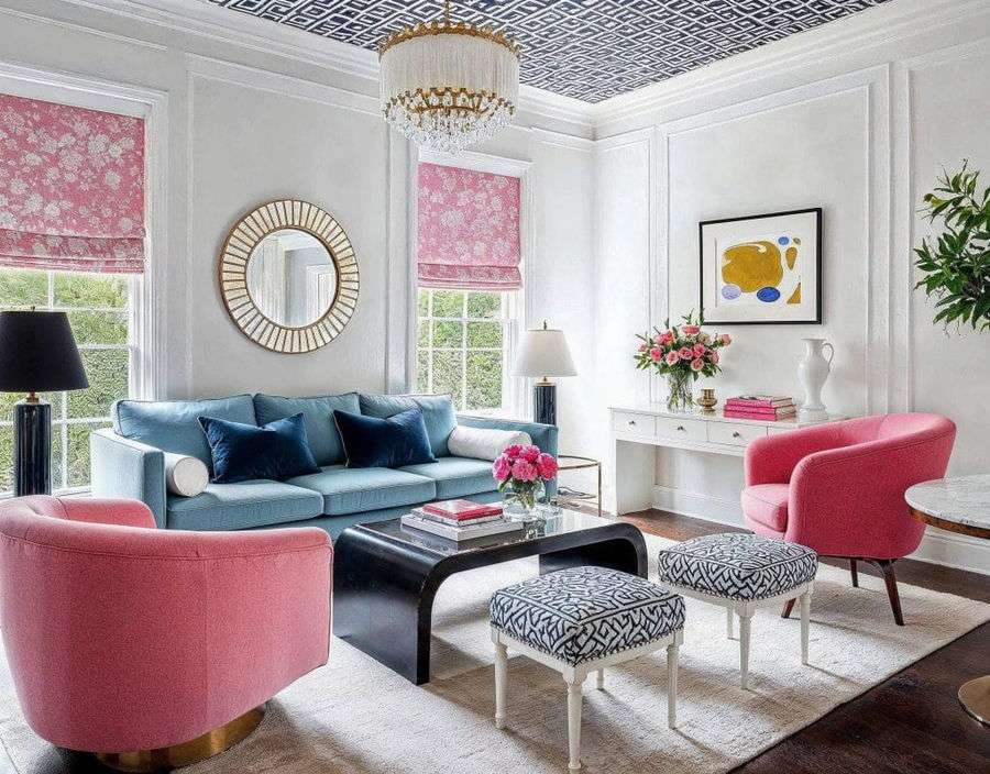 Wallpaper on the ceiling in an eclectic glam living room by Decorilla