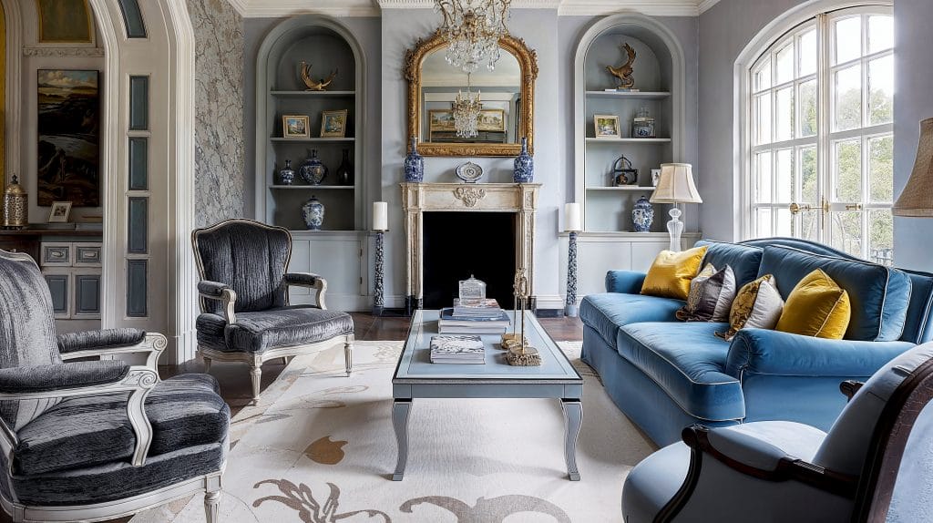 British interior style elements in a formal living room by Decorilla