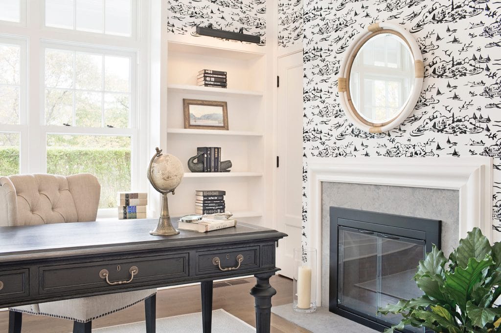 A modern take on a classic British interior design in a home office by Decorilla designer, Peter C.
