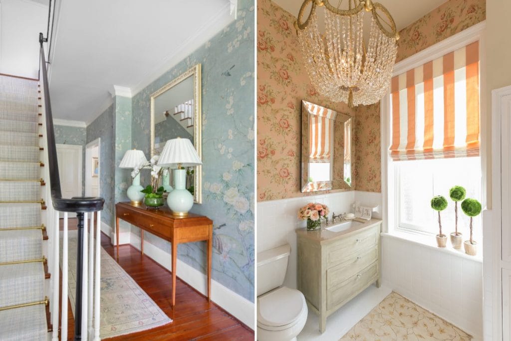 Chintz in British home interiors, entryway and bathroom by Decorilla designer, Lauren L.
