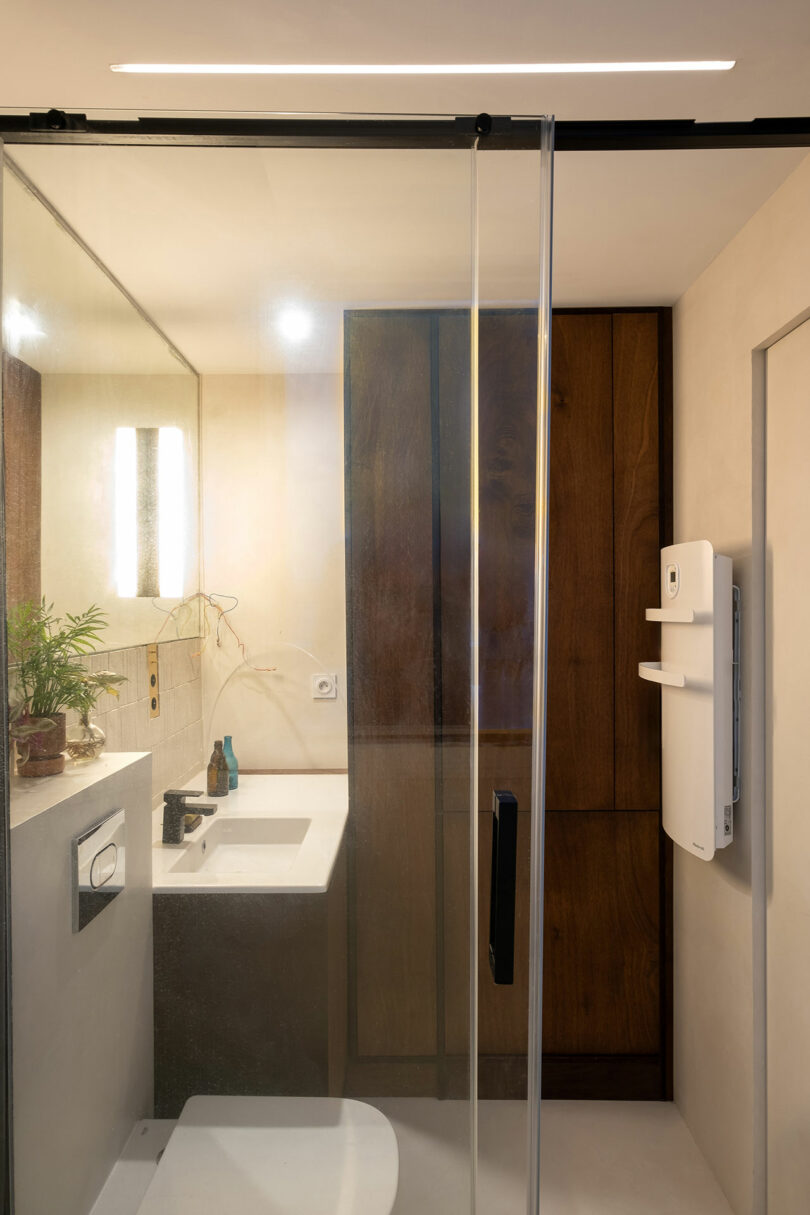 Modern bathroom with a glass shower door, white sink, wall-mounted toilet, large wooden cabinet, mirror, and a small potted plant on the counter.