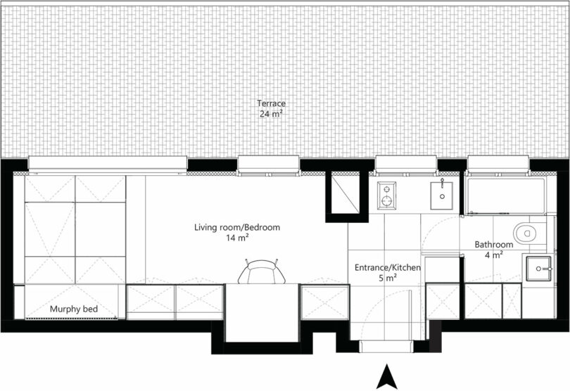 Black and white floor plan of a small apartment with labeled areas: terrace (24 m²), living room/bedroom (14 m²), entrance/kitchen (5 m²), bathroom (4 m²), and Murphy bed.