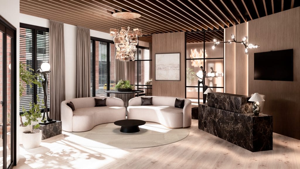 Upscale office waiting room design by Decorilla