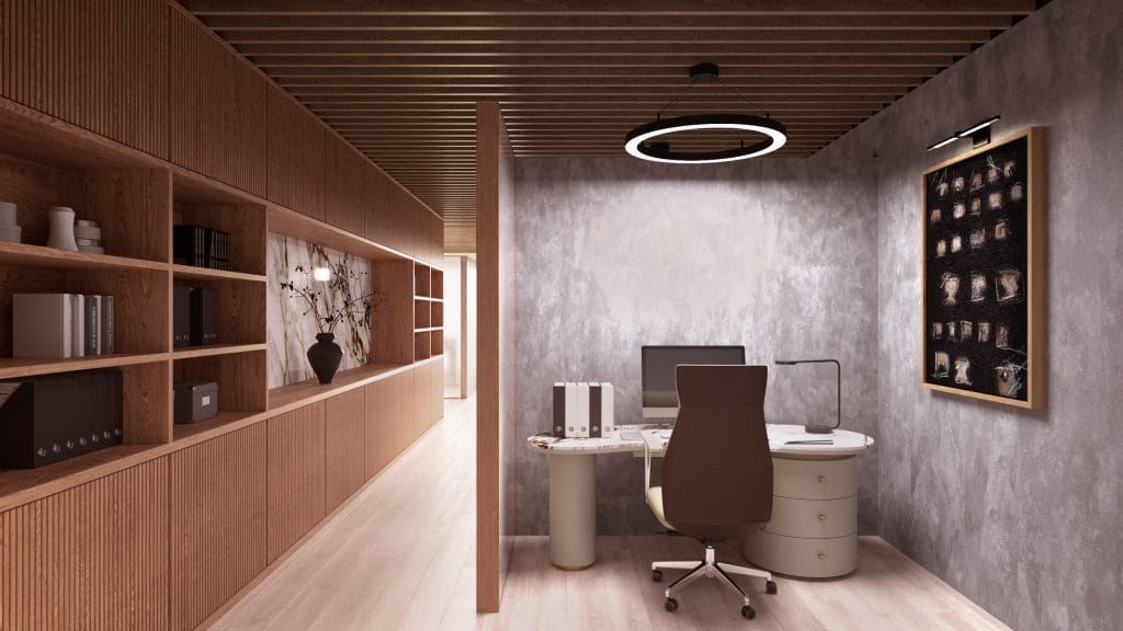 Cubicles and storage in an upscale office design by Decorilla