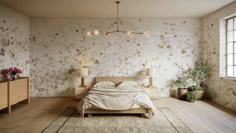 A minimalist bedroom with abalone-patterned wall, a wooden bed, beige bedding, two nightstands with lamps, a dresser, potted plants, and a modern ceiling light