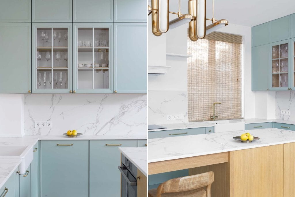Pastel blue meets warm wood in a kitchen interior by Decorilla designer, Christina N. 