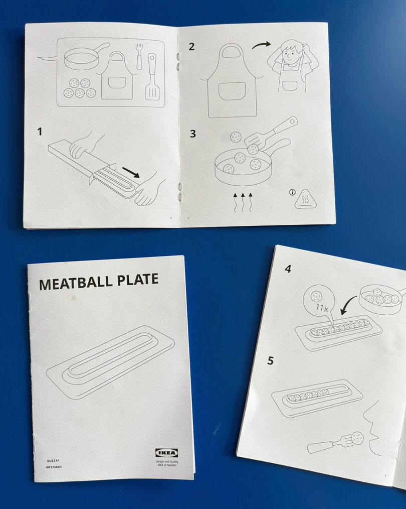 IKEA instruction manual pages on a blue surface, illustrating steps for preparing and serving meatballs on a plate using simple line drawings.