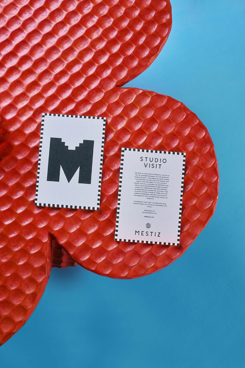 Two cards with black and white designs are placed on a red, flower-shaped textured surface against a blue background.
