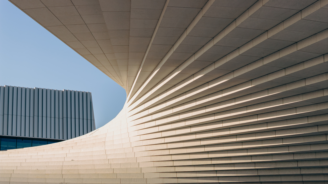 Close-up staircase view of Snøhetta's Shanghai Grand Opera House