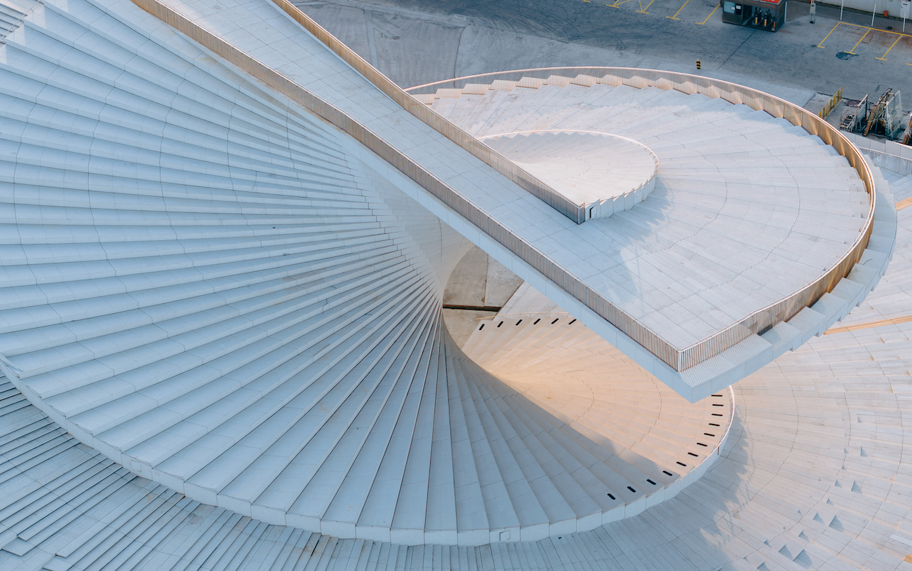Up-top staircase view of Snøhetta's Shanghai Grand Opera House