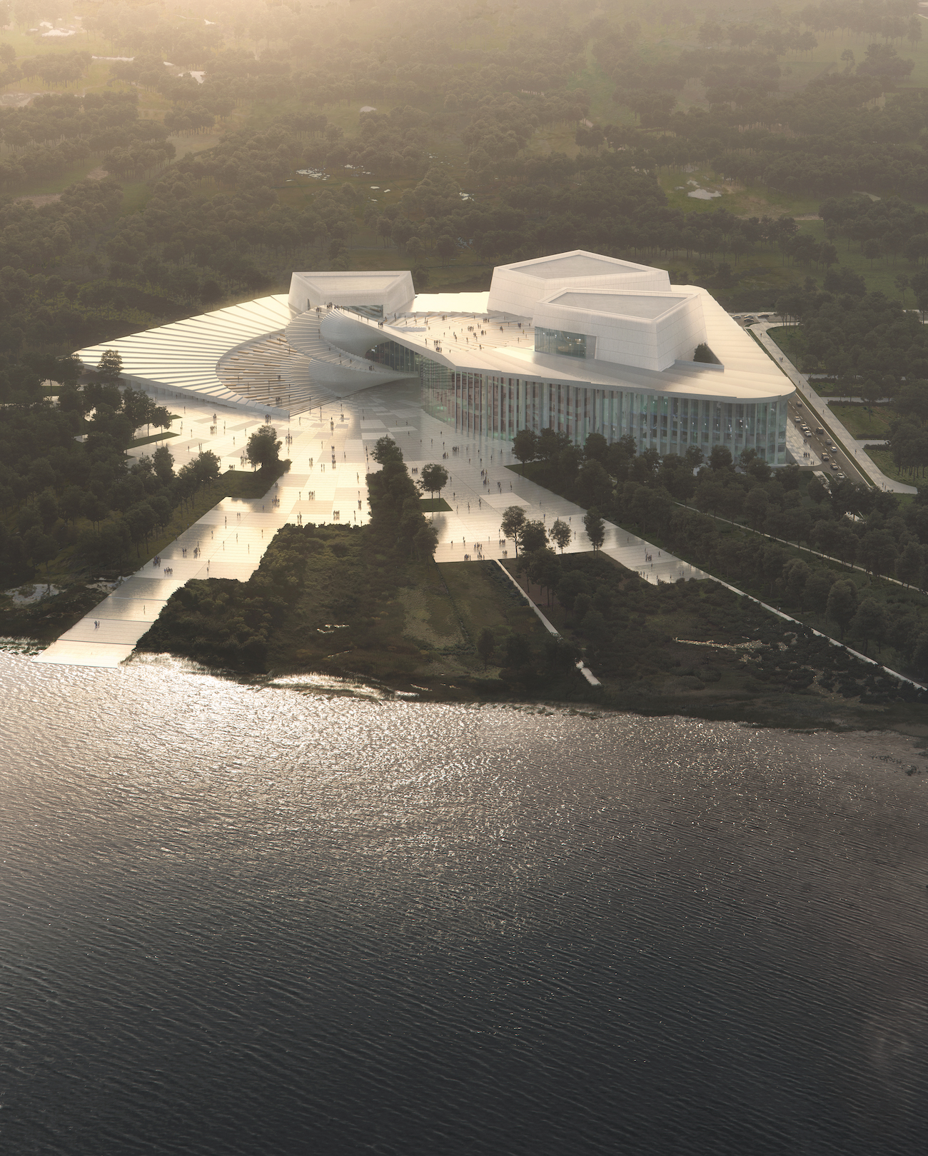 Aerial view of Snøhetta's Shanghai Grand Opera House