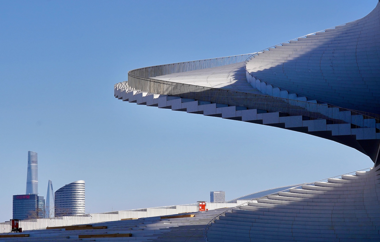 Close-up staircase view of Snøhetta's Shanghai Grand Opera House
