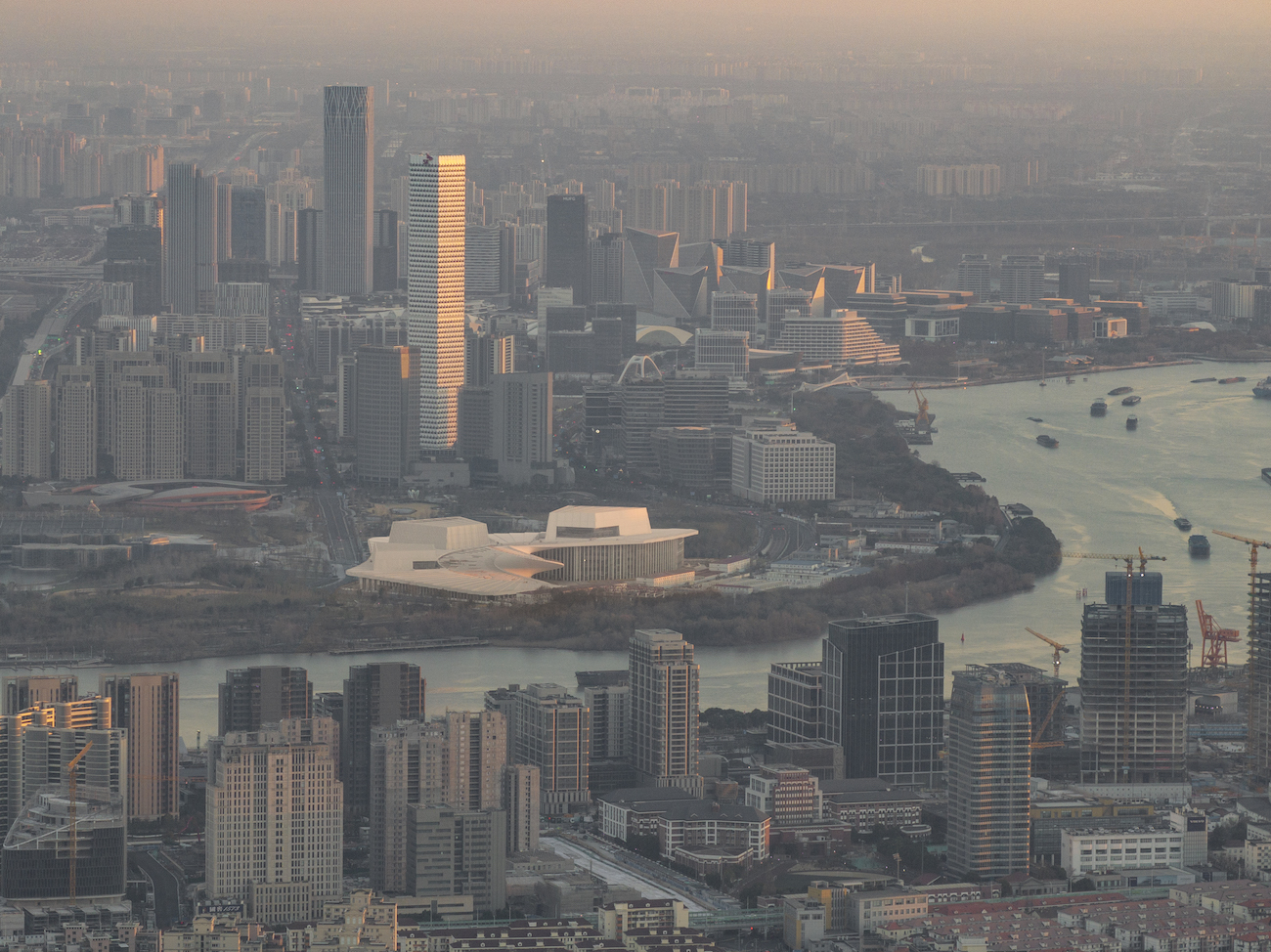 Aerial shot of Snøhetta's Shanghai Grand Opera House