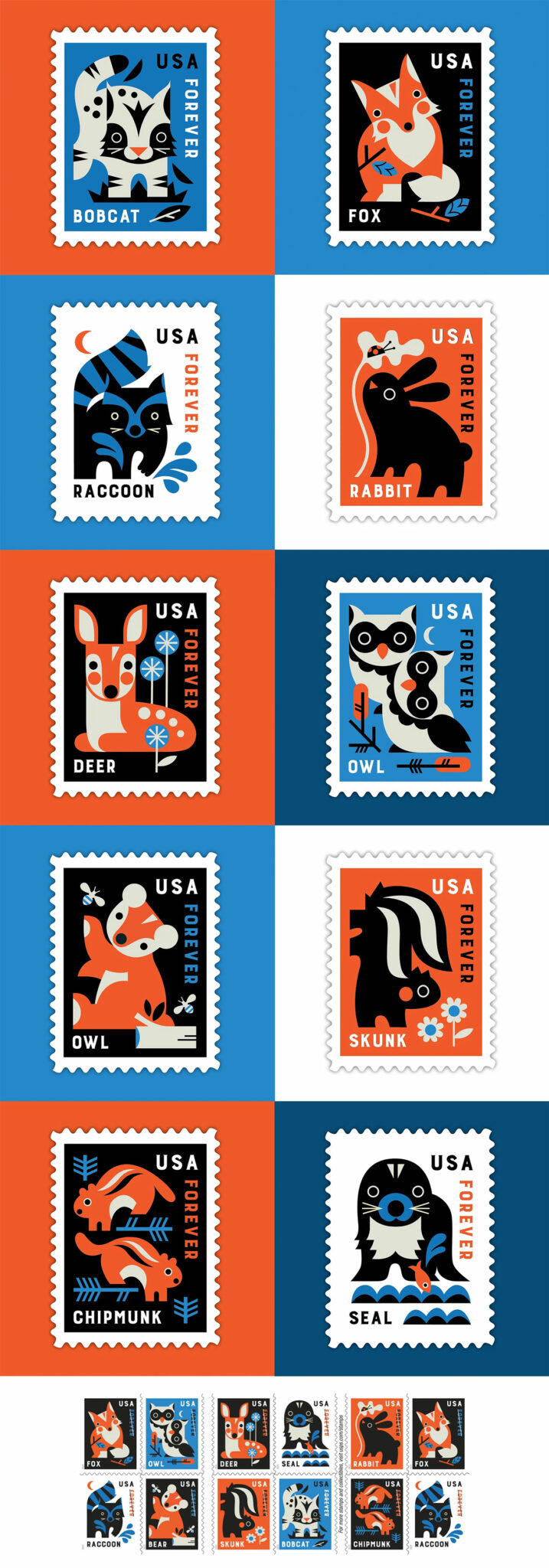 A set of illustrated USA postage stamps featuring stylized images of a bobcat, fox, raccoon, rabbit, deer, owl, skunk, chipmunk, and seal in orange, blue, black, and white.