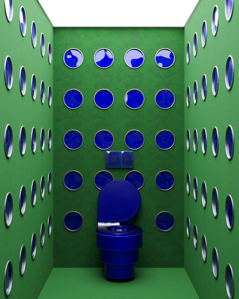 A blue toilet in a small green room with circular windows covering the walls.