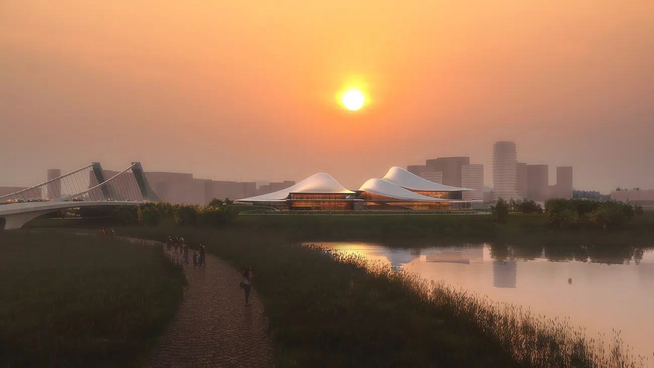Shaoxing Culture and Art Center by Zaha Hadid Architects at sunset