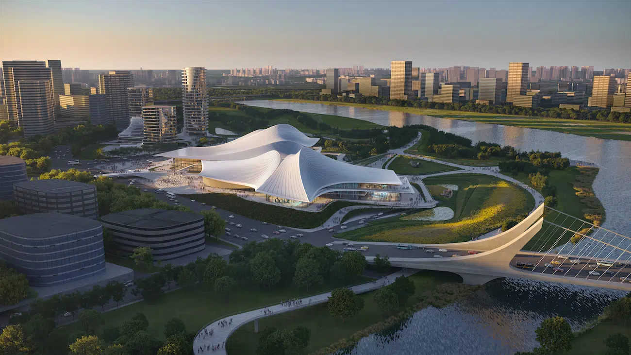 Aerial shot of Shaoxing Culture and Art Center by Zaha Hadid Architects