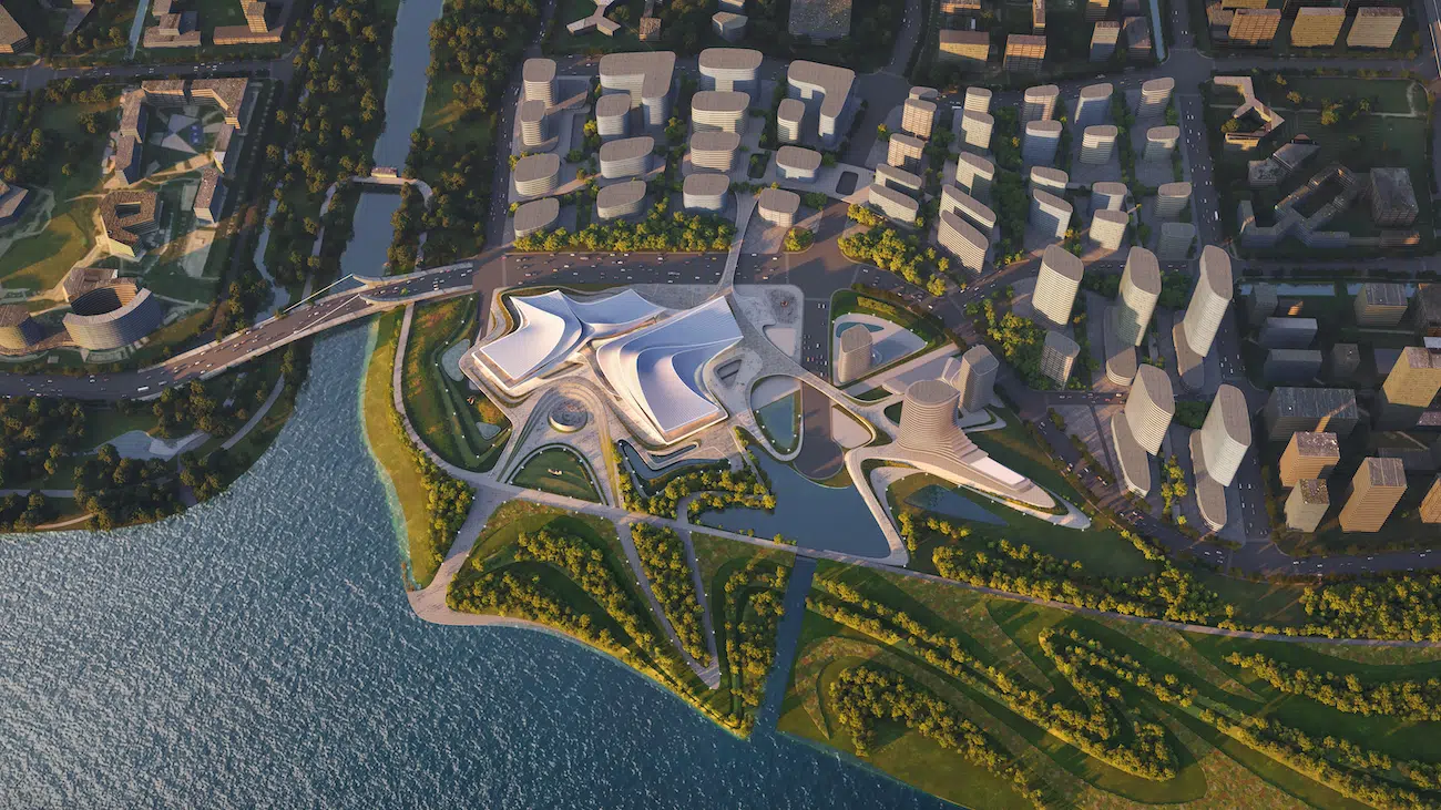 Aerial shot of Shaoxing Culture and Art Center by Zaha Hadid Architects