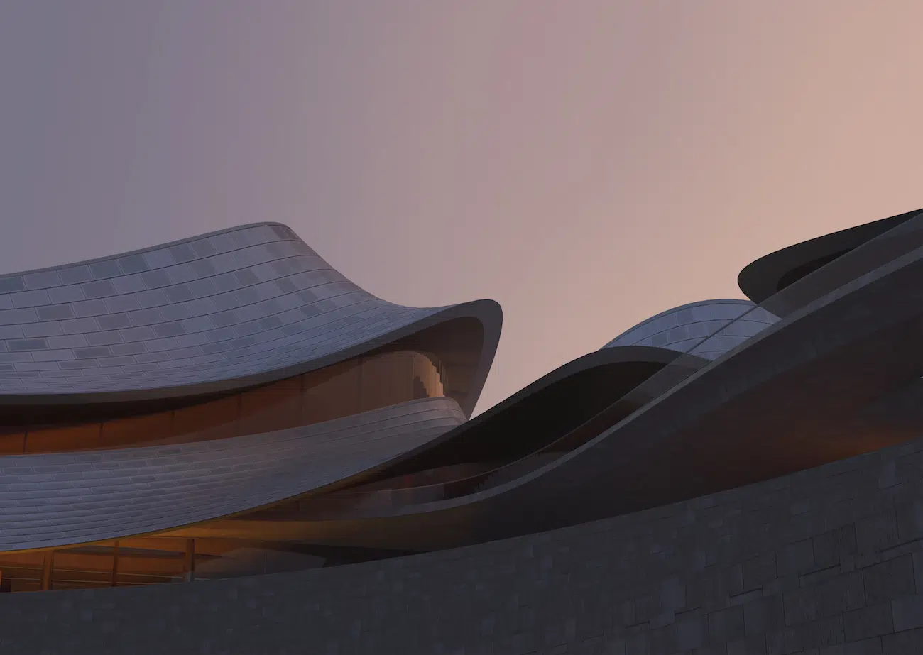 Close-up of Shaoxing Culture and Art Center by Zaha Hadid Architects at sunset