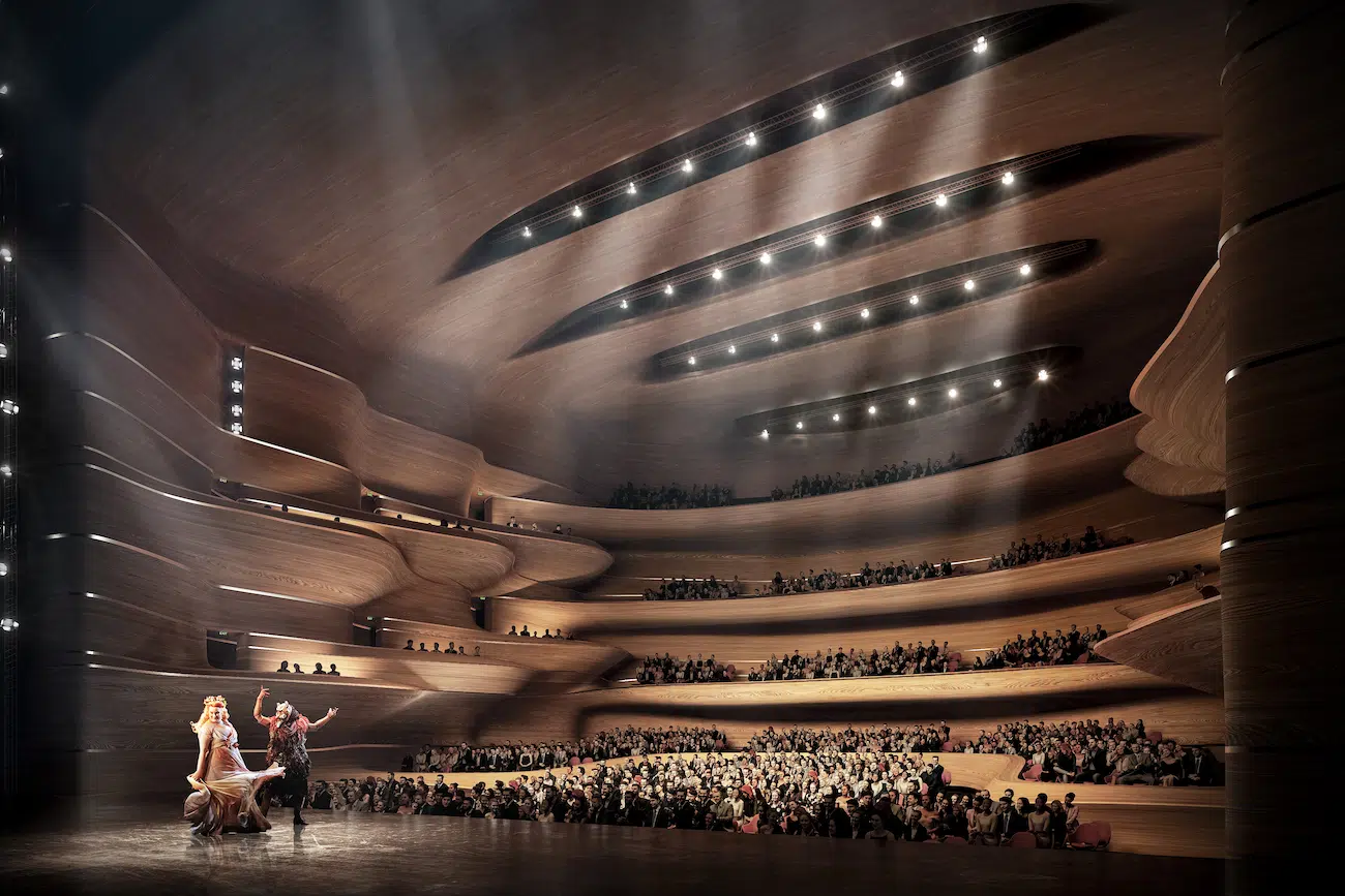 Interior view of a performance space in Shaoxing Culture and Art Center by Zaha Hadid Architects