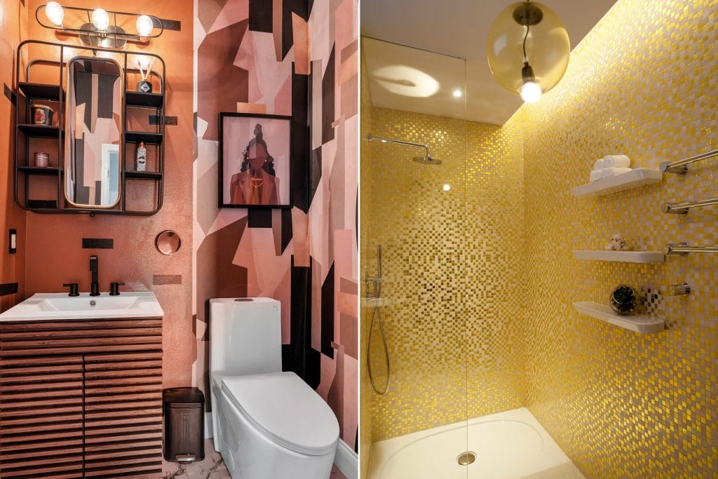 Colorful bathroom trends 2026 in interiors by Decorilla designers Aiesha M (left) and Sergio M (right)