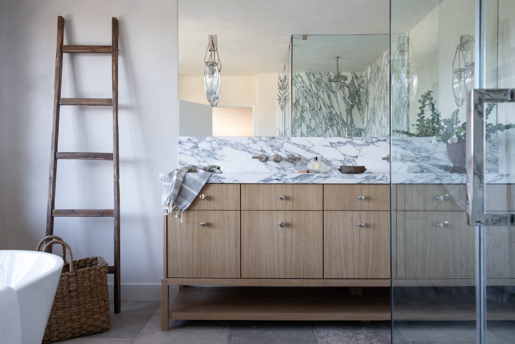 Bathroom trends 2026 in a contemporary interior by Decorilla designer, Carly M.