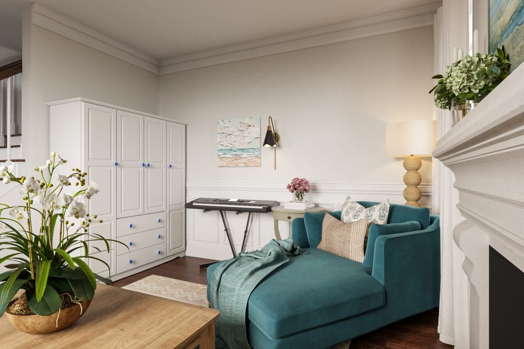 Smart design choices make this multifunctional room by Decorilla chic and practical
