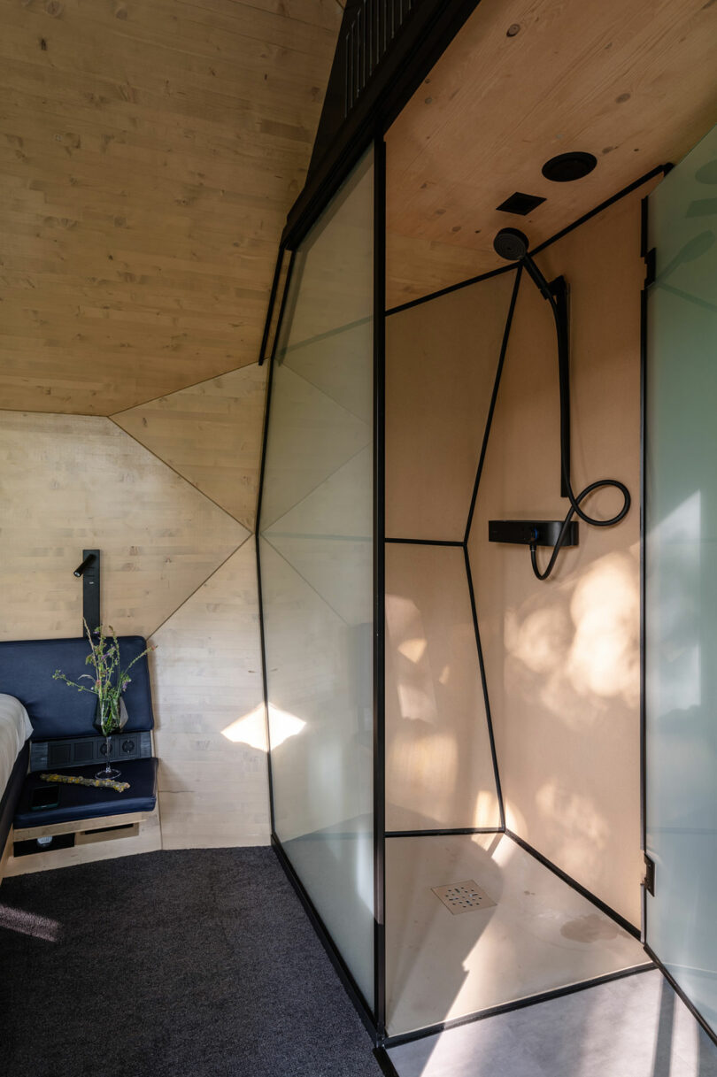 Minimalist bathroom with a glass-enclosed shower, black fixtures, light wood walls, and a small bedside shelf holding a glass vase with greenery.