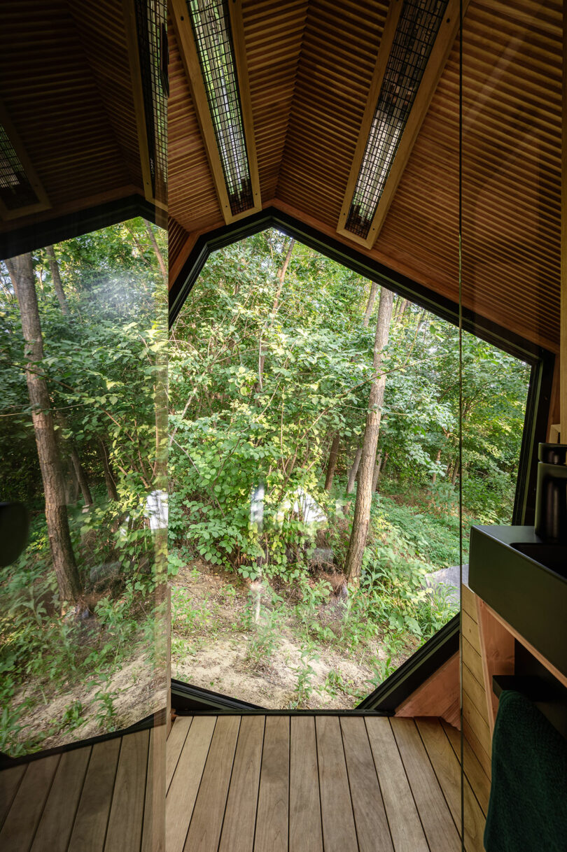 View of a forest through large, angular floor-to-ceiling windows in a modern wooden cabin with slatted ceiling and wooden floor.