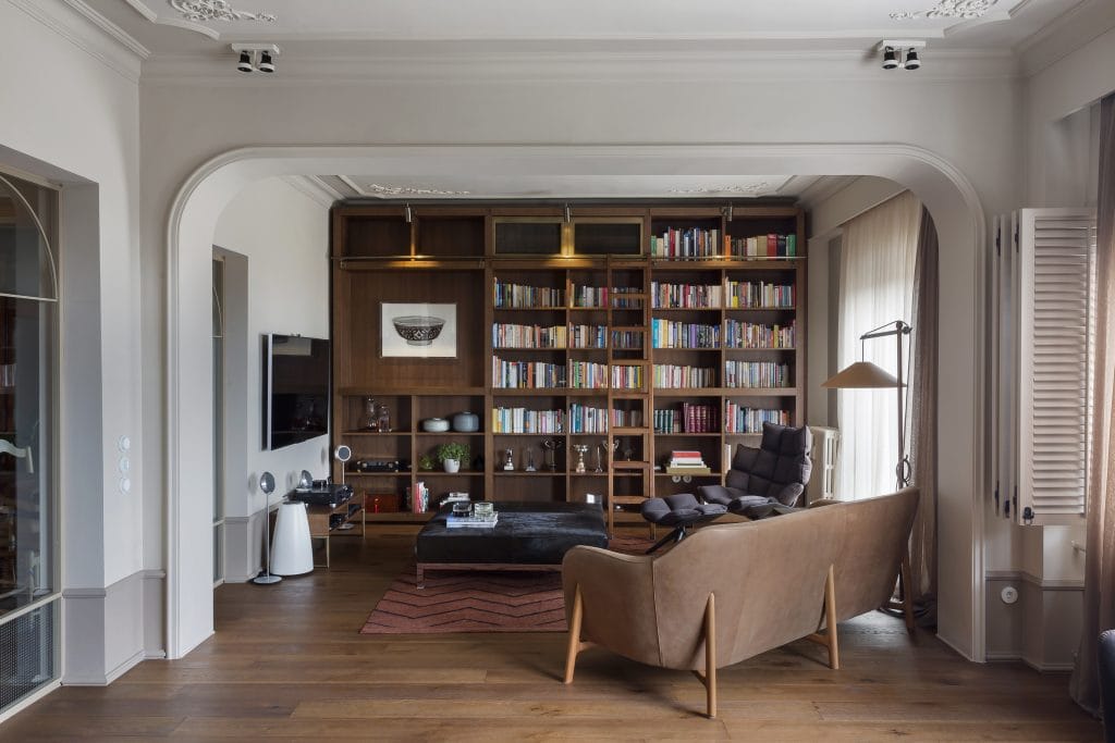Living room library and media corner by Decorilla designer, Meric S. - AI interior design pros