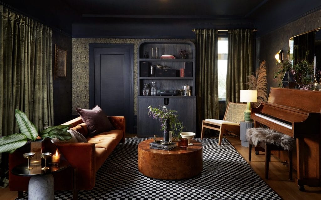 Tailored moody living room interior by Decorilla designer, Bridget B.—Can AI replace interior designers