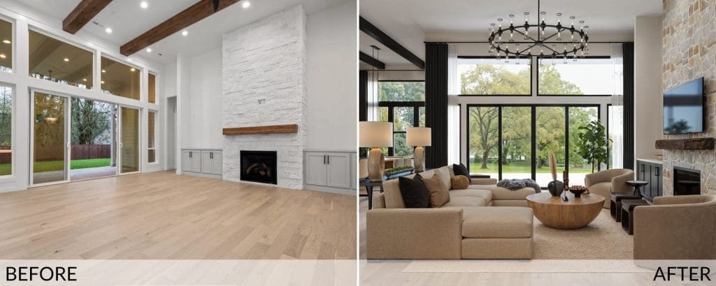 Modern neutral living & dining room before and after design by Decorilla