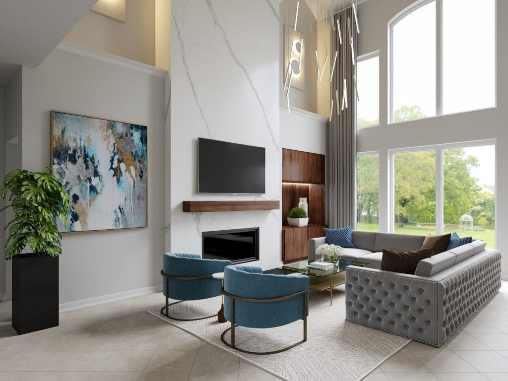 Contemporary glam living room interior by Decorilla designer, Wanda P.—Decorilla reviews