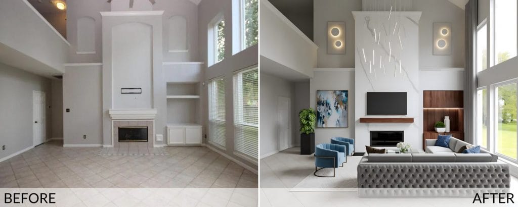 Contemporary glam family room before and after design by Decorilla