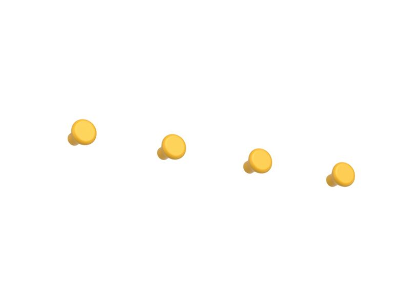 Four yellow push pins are arranged diagonally from the bottom left to the top right on a white background
