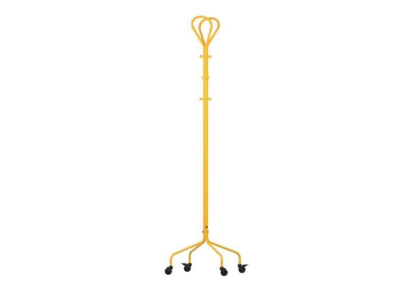 Yellow metal coat rack with four legs on wheels and hooks at the top, photographed against a white background