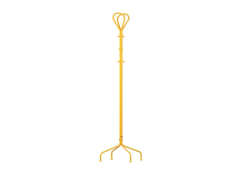 Yellow metal coat rack with four legs and hooks at the top, photographed against a white background