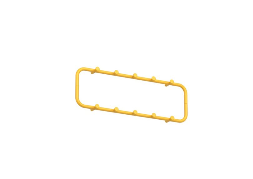 A yellow rectangular wall rack with rounded corners and small evenly spaced bumps along its edges, set against a white background