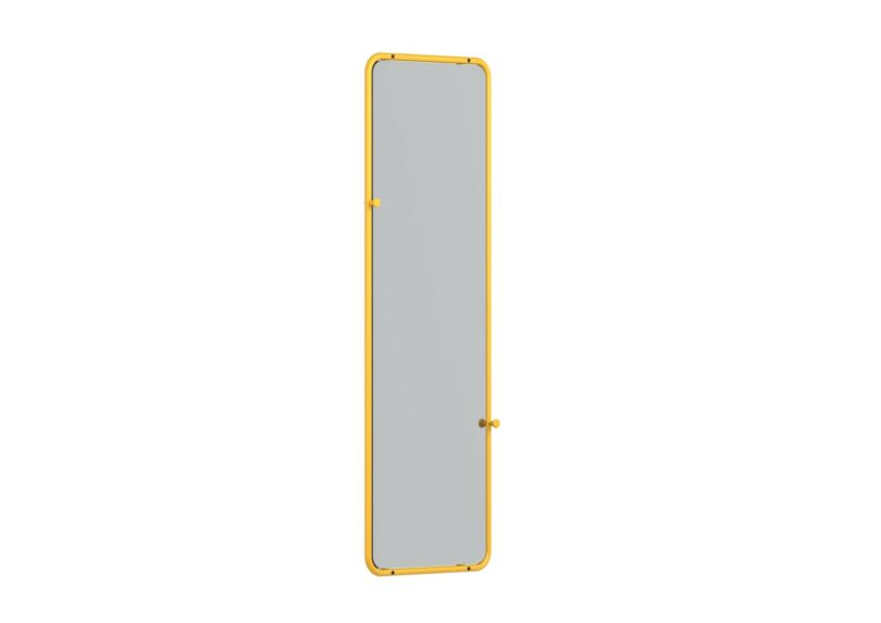 A tall, rectangular mirror with rounded edges and a yellow frame, shown against a plain white background