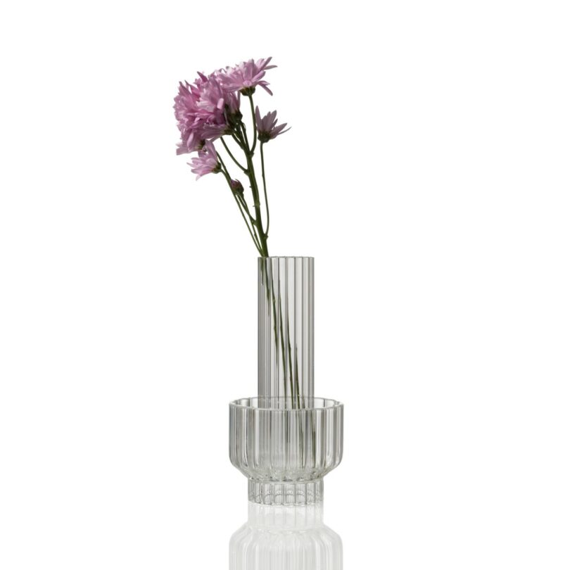Three purple flowers with green stems in a clear, ribbed glass vase on a white background