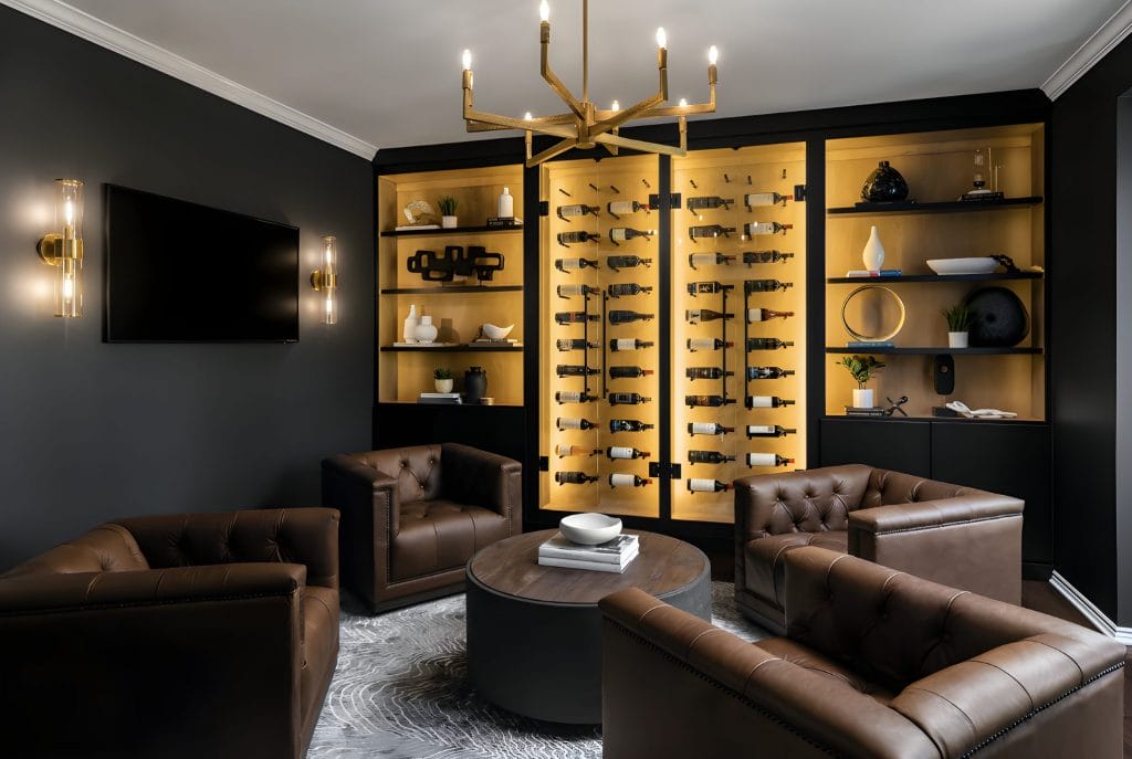 Masculine interior design with a wine bar by Decorilla designer, Kaitlyn B.