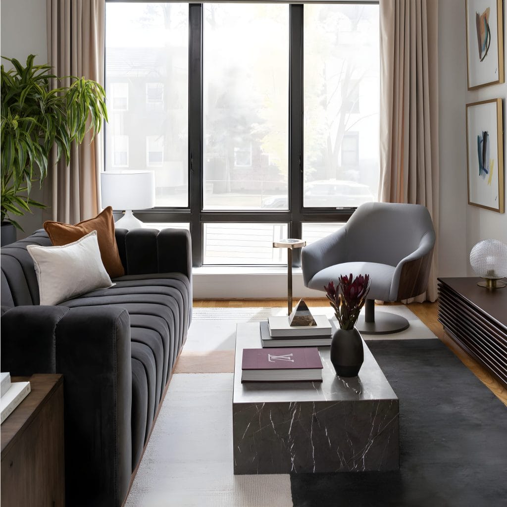 Modern masculine interior design of a living room by Decorilla designer, Dorian R.