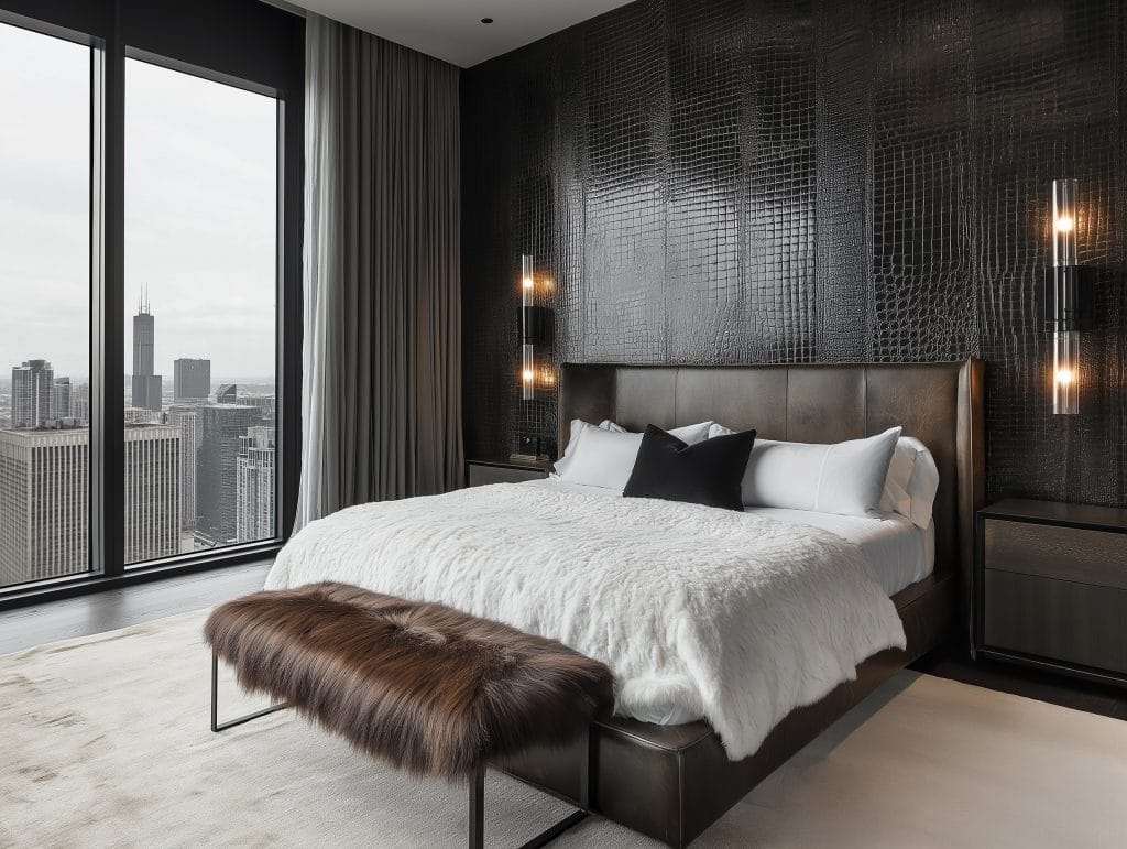 Chic & moody masculine bedroom interior design by Decorilla designer, Matthew J.