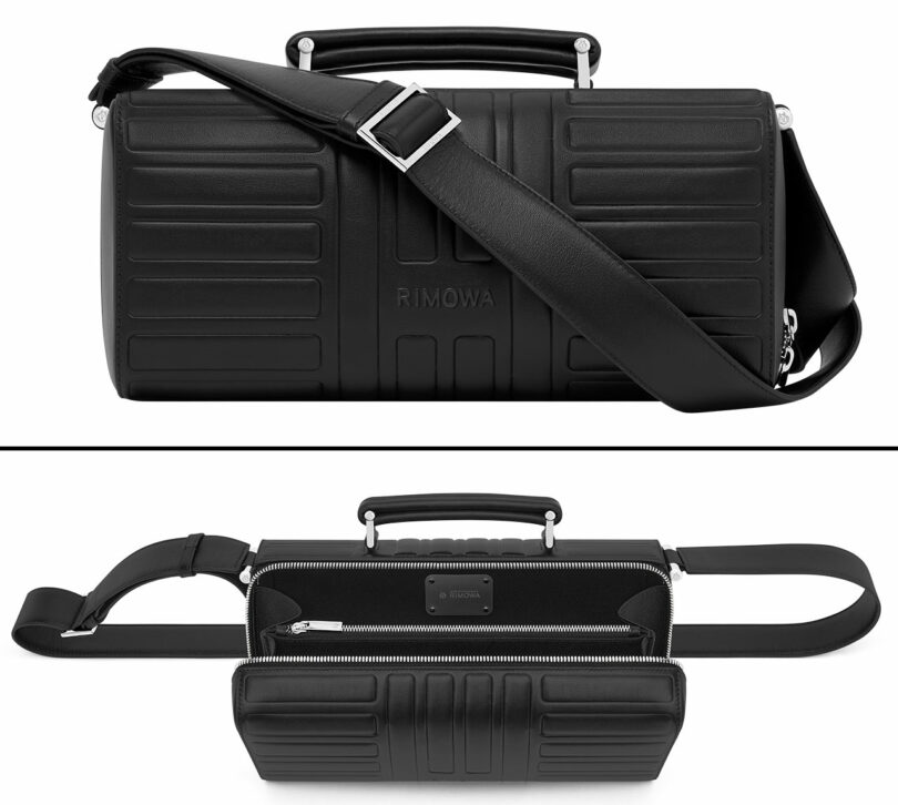 A black rectangular Rimowa bag with a textured exterior, top handle, adjustable shoulder strap, and zipper opening, shown from both the front and top views.