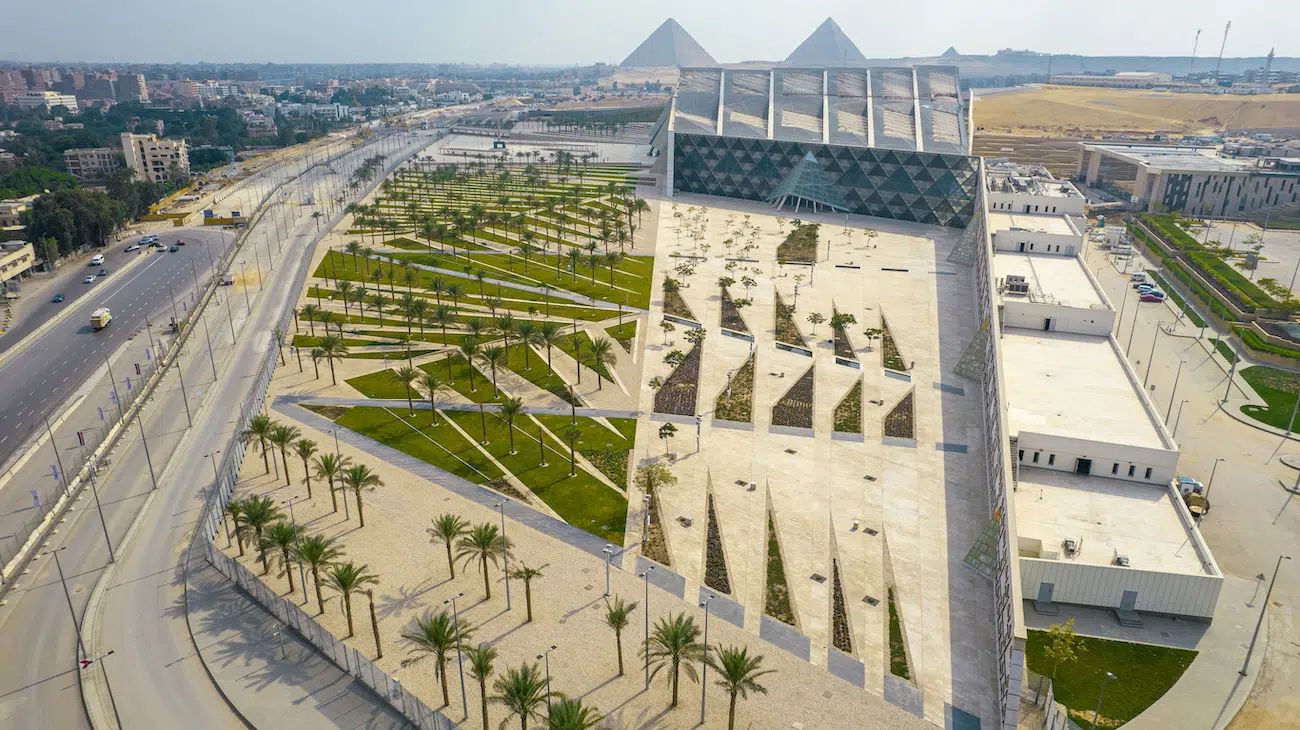 Bird’s eye view of the Grand Egyptian Museum, which is nestled nearby the pyramids of Giza. (Photo courtesy GEM)