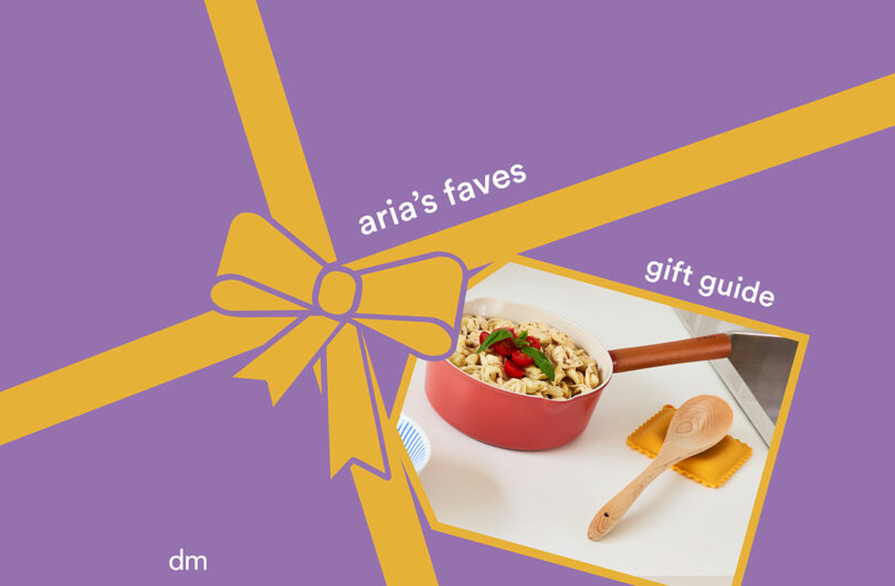 A red saucepan filled with pasta, a wooden spoon, and a piece of ravioli sit on a white surface; yellow ribbon graphics over a purple background read