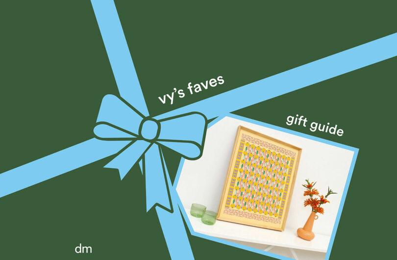 A green background with blue gift-wrapping ribbon, the text
